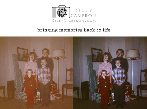 faded photo of four cousins next to a restored version of the same photo with the colors appearing more natural and with higher quality